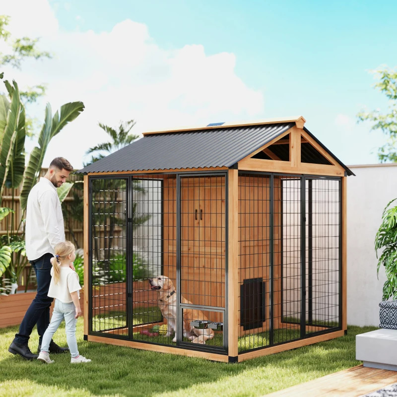 PawHut 7 x 6 Foot Wood Outdoor Dog Kennel with Storage Cabinet