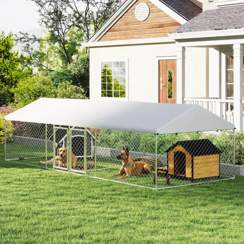PawHut 20 x 7 1/2 Foot Covered Locking Two Room Outdoor Dog Kennel