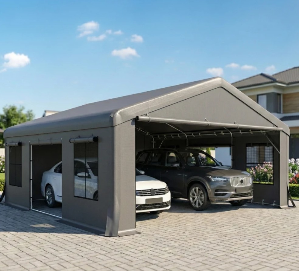 Outsunny 20 x 20 Foot Heavy Duty Carport with 3 Roll-Up Doors