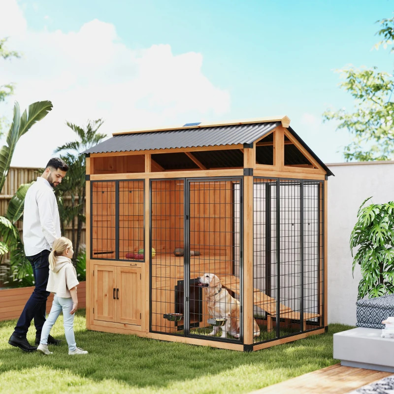 PawHut 7 x 5 Foot Wood Outdoor Dog Kennel with Storage Cabinet