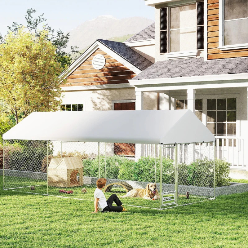 PawHut 20 x 8 Foot Outdoor Dog Kennel with Rotatable Bowl Rack